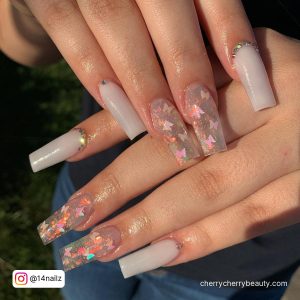 White Acrylic Nails With Butterflies