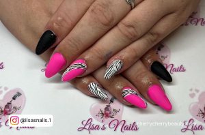 White And Bright Pink Nails With Black Nails
