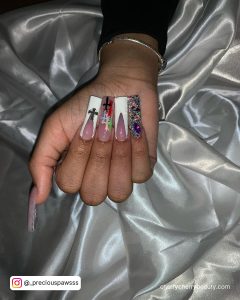 White And Gold Acrylic Nail Designs On Extra Long Nails