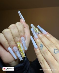 White And Gold Birthday Nails For Extra Long Length