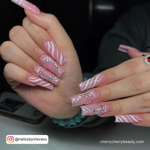 White And Pink Christmas Nails With Diamonds In Heart Shape