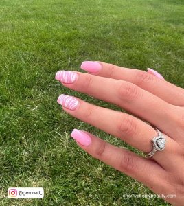 White And Pink Square Nails With Marble Design