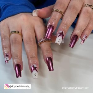 White Nails With Pink Chrome And Stars