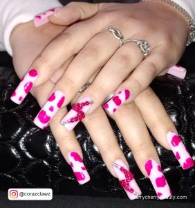 White Nails With Pink Cow Print On Square Shape