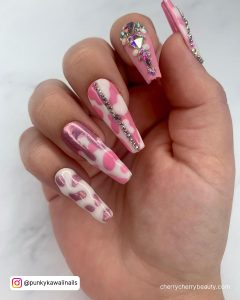 White Nails With Pink Cow Print With Rhinestones