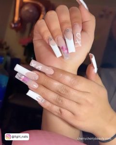 White With Pink Heart Nails With Diamonds