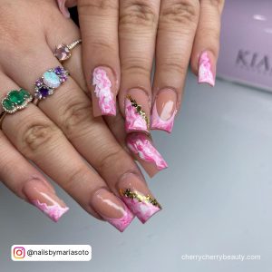 White With Pink Marble Nails With Golden Line