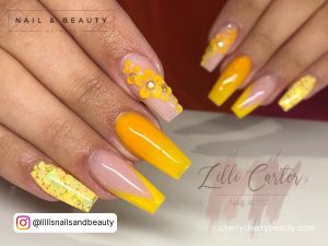 Yellow Acrylic Nails Coffin With Flowers