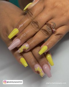 Yellow Acrylic Nails With Flowers In Coffin Shape