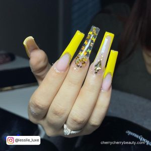 Yellow Butterfly Acrylic Nails With Rhinestones