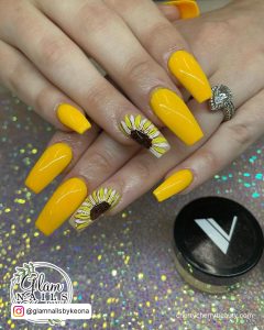 Yellow Flower Acrylic Nails In Coffin Shape