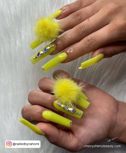 Yellow Nails Acrylic With Rhinestones And Fur