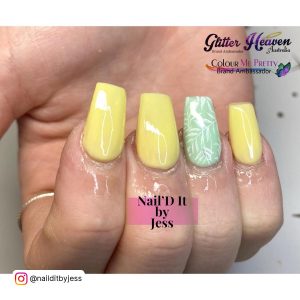 Yellow Spring Acrylic Nails With One Nail In Green