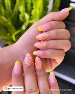 Yellow Tip Acrylic Nails With Flowers
