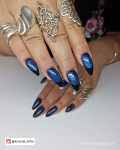 Acrylic Nails Black And Blue With French Tips