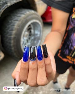 Acrylic Nails Blue And Black In Coffin Shape