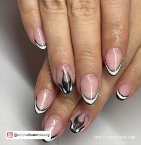 Almond Black And White Nails With Flames
