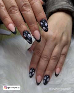 Almond Matte Black Nails With White Snowflakes