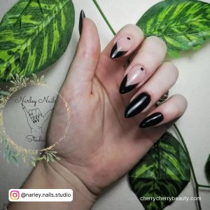 Almond Nails Black Tips With Dots Near Nail Bed