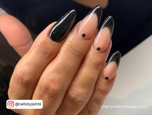 Almond Nails With Black Tips And Shiny Texture