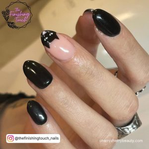 Almond Shape Black Nails With Cat Design