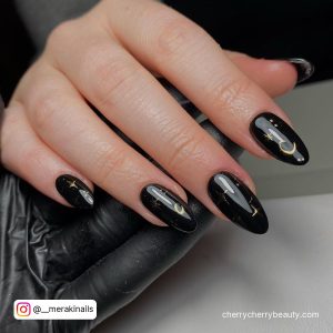 Black Acrylic Nails Almond With Golden Design