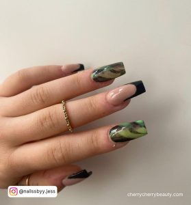 Black And Army Green Nails With Marble Design