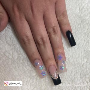 Black And Blue Acrylic Nails With Diamonds