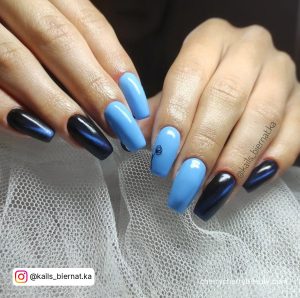 Black And Blue Coffin Nails With Chrome Shape