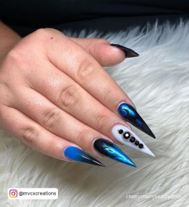 Black And Blue Nail Design Ideas With Rhinestones