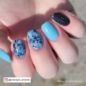 Black And Blue Nail Designs With Glitter And Marble Print