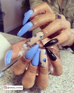 Black And Blue Nails Coffin With Flowers