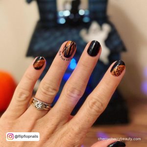 Black And Burnt Orange Nails For Short Length