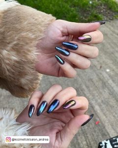 Black And Chrome Nails In Almond Shape