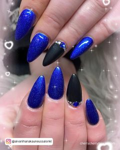 Black And Dark Blue Nails With Diamonds