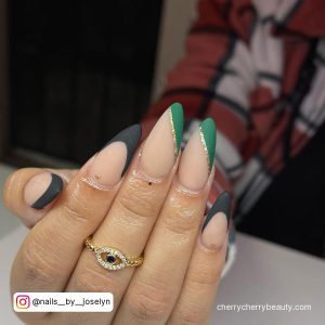 Black And Dark Green Nails In French Tip Design