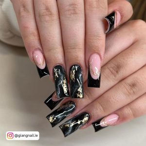 Black And Gold Marble Nails With French Tips