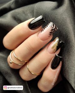 Black And Gold Square Nails With Stems And Leaves