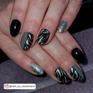 Black And Gray Acrylic Nails With Glitter