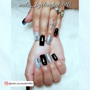 Black And Gray Acrylic Nails With Glitter And Rhinestones