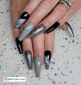 Black And Gray Coffin Nails With Glitter