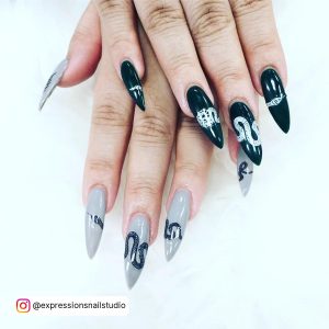 Black And Gray Glitter Nails With Snakes