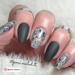 Black And Gray Marble Nails With Two Nails In Matte Finish