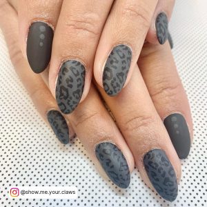 Black And Gray Matte Nails With Leapard Print