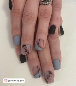 Black And Gray Matte Nails With Stems