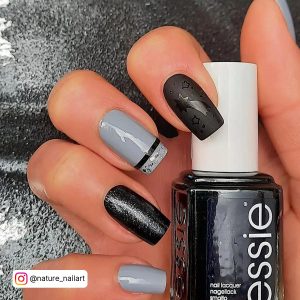 Black And Gray Nail Art With Glitter