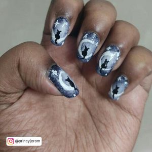 Black And Gray Nail Designs With Cat