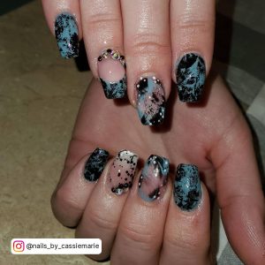 Black And Gray Nails With Diamonds