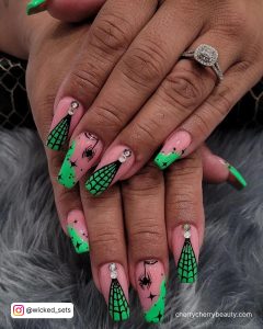 Black And Green Checkered Nails With Nude Base Coat
