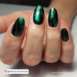 Black And Green Marble Nails In Almond Shape